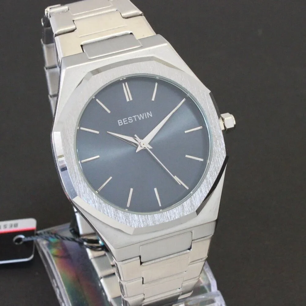 Men's Sports Watch Integrated Bracelet Silver Tone Blue Dial 41.5mm